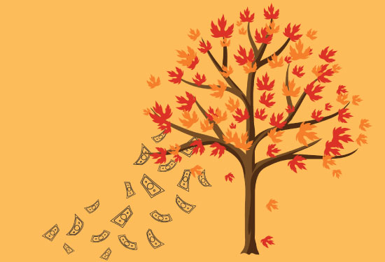 Tree illustration with dollar bills falling like leaves.