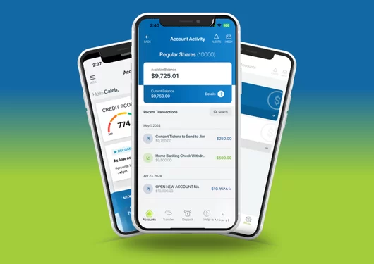 3 Phone mockups with three different pages of the MECU mobile banking app.