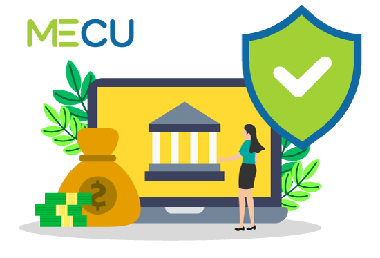 Vector image of bank icon on laptop screen with money and a shield.