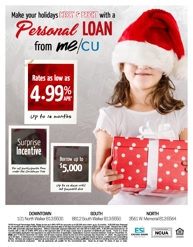 holiday personal loan flyer with girl wearing santa hat and holding wrapped present