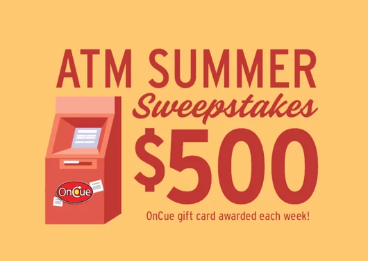 A salmon colored flyer with gold text and an ATM illustration.