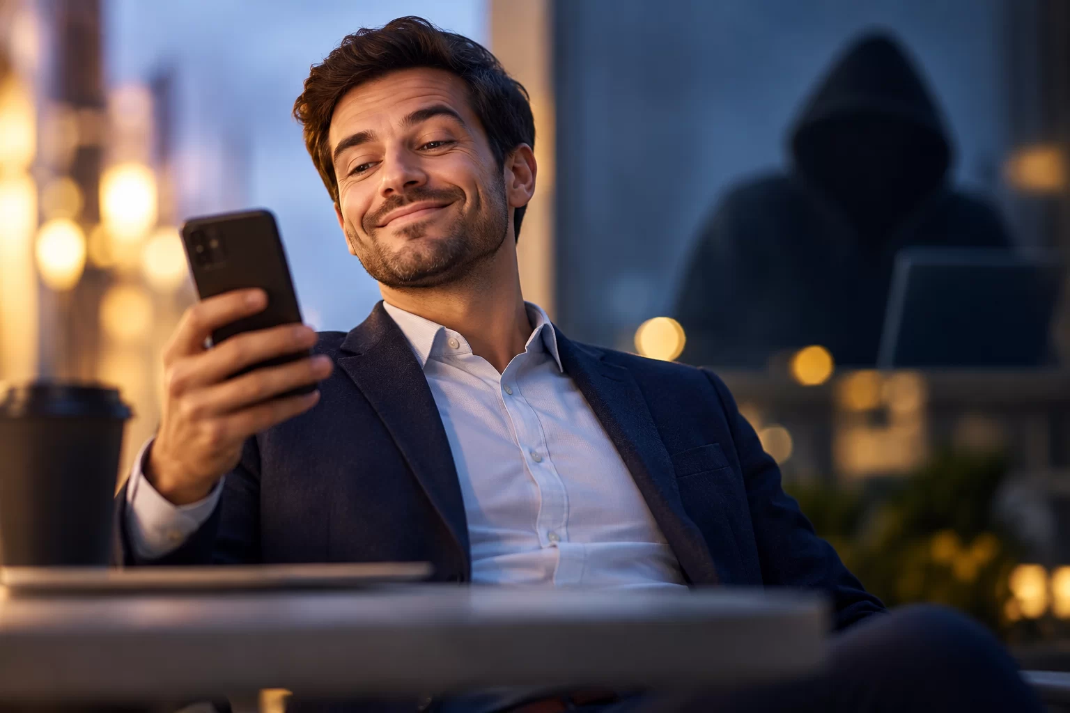 Man looking at his phone with a cybercriminal lurking behind him.